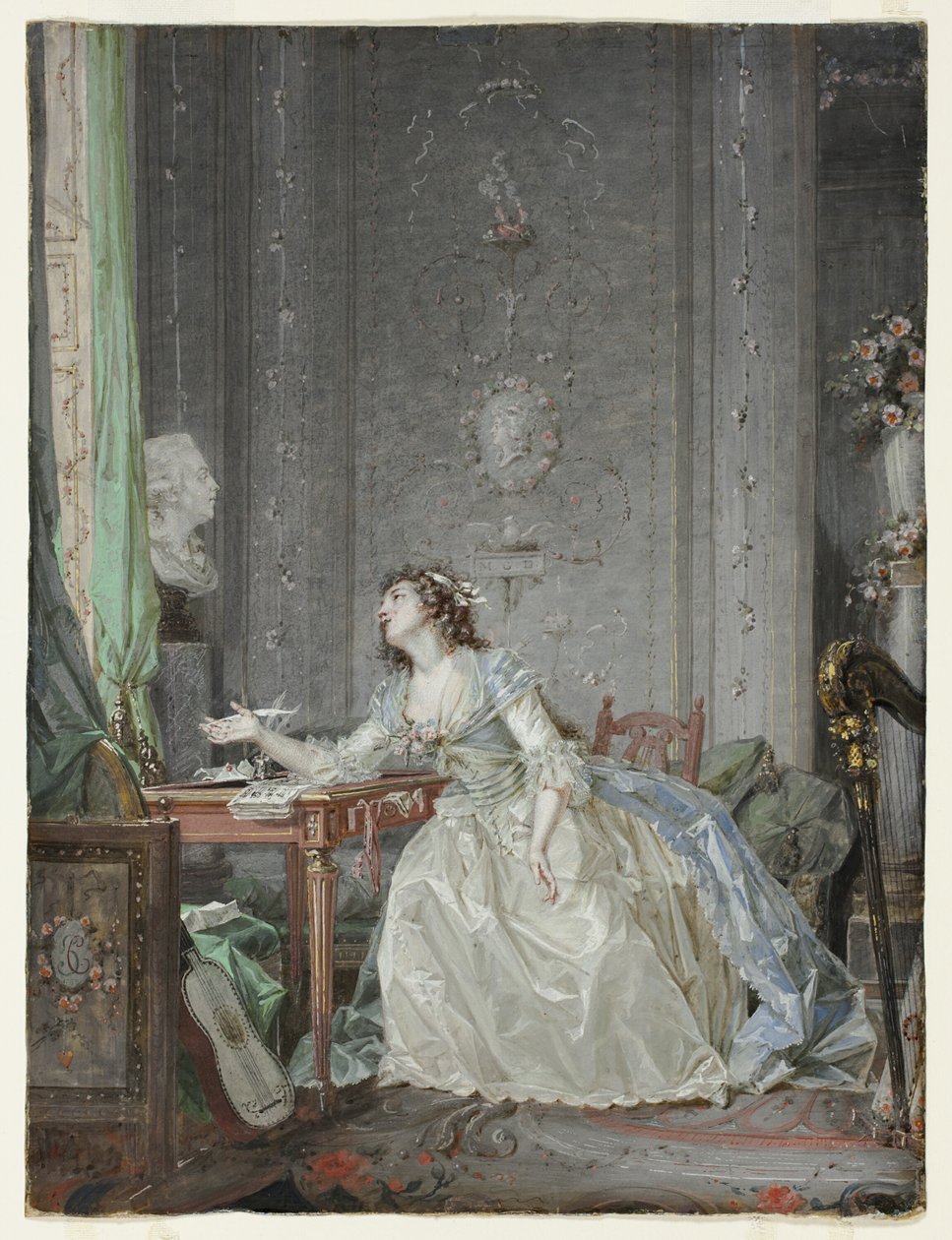 Interiør med et portrett av en ung dame før en byste av Claude Jean Baptiste Hoin
