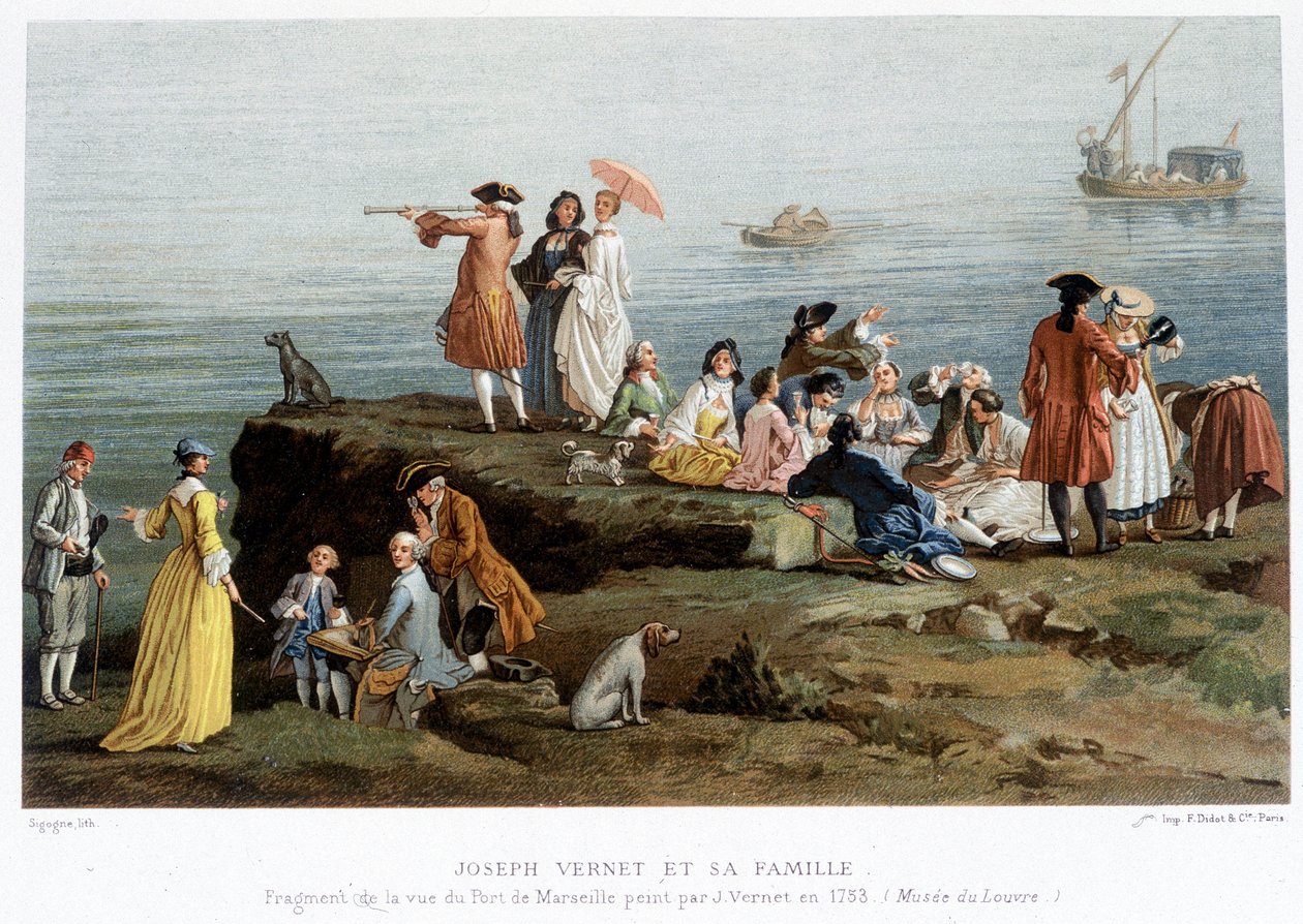 Joseph Vernet og hans familie - repro fra 1800-tallet. av et fragment av utsikten over havnen i Marseille malt av Vernet i 1753 (Louvre-museet) av Claude Joseph (after) Vernet