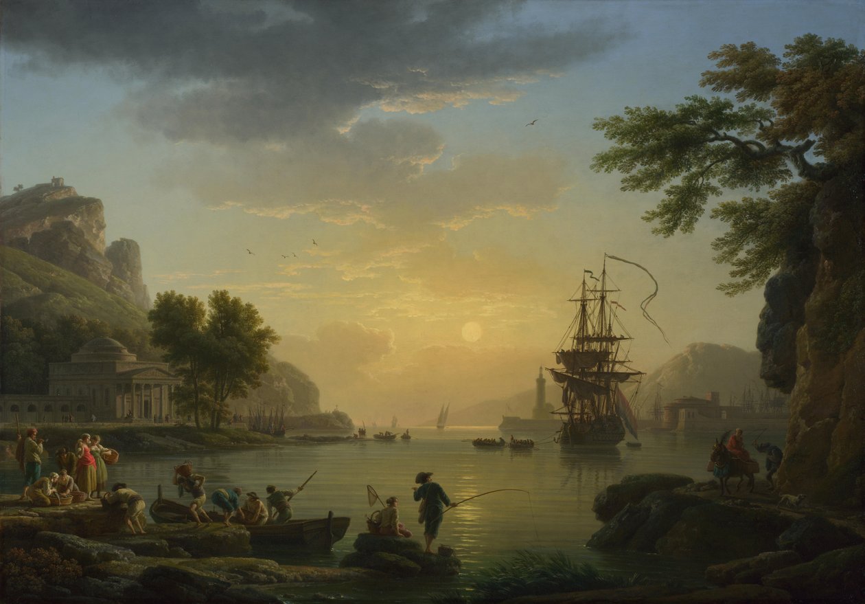 Et landskap ved solnedgang med fiskere som returnerer med fangsten sin, 1773 av Claude Joseph Vernet