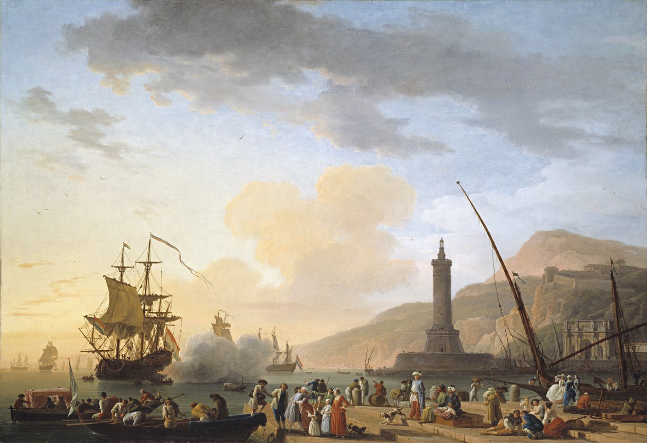 En havneby ved solnedgang av Claude Joseph Vernet