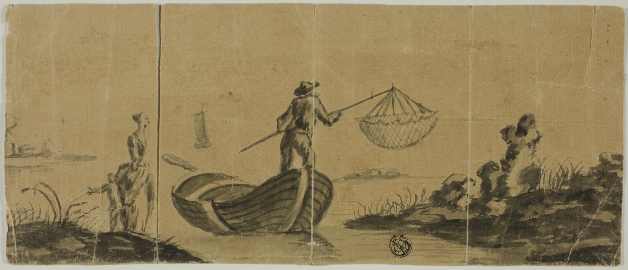 Chinoiserie med mann som fisker fra båt, kvinne og barn står på land av Claude Joseph Vernet