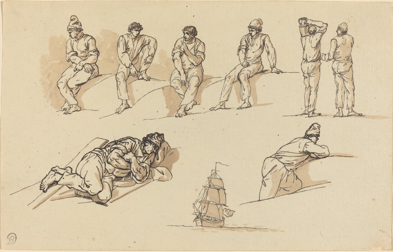Åtte studier av figurer og et skip til sjøs av Claude Joseph Vernet