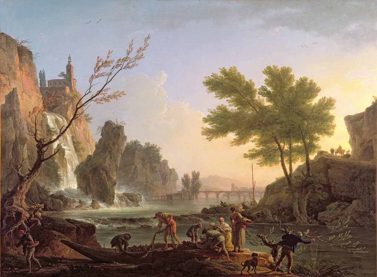 Fisker i et landskap med en kaskade og en bro av Claude Joseph Vernet