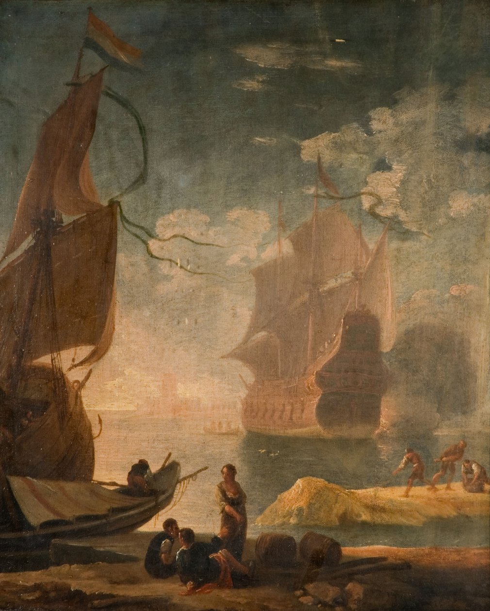 Havnescene med krigsmann og figurer på en kai, 1825. av Claude Joseph Vernet