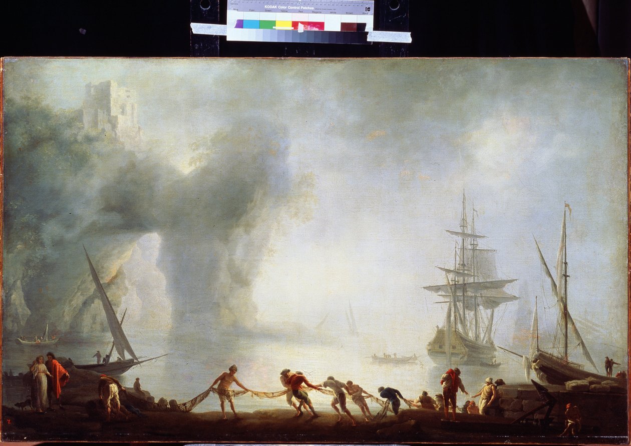 Daggry over Capri, tåke. Maleri av Claude Joseph Vernet (1714-1789). Olje på lerret, 92 x 150 cm, ca 1745. Fransk skole på 1700-tallet. Pushkin Museum of Fine Arts, Moskva. av Claude Joseph Vernet
