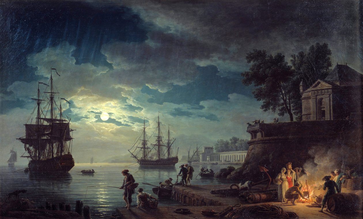 Måneskinnsfiske Nattutsikt over en havn med menn som lager bål. Maleri av Joseph Vernet av Claude Joseph Vernet
