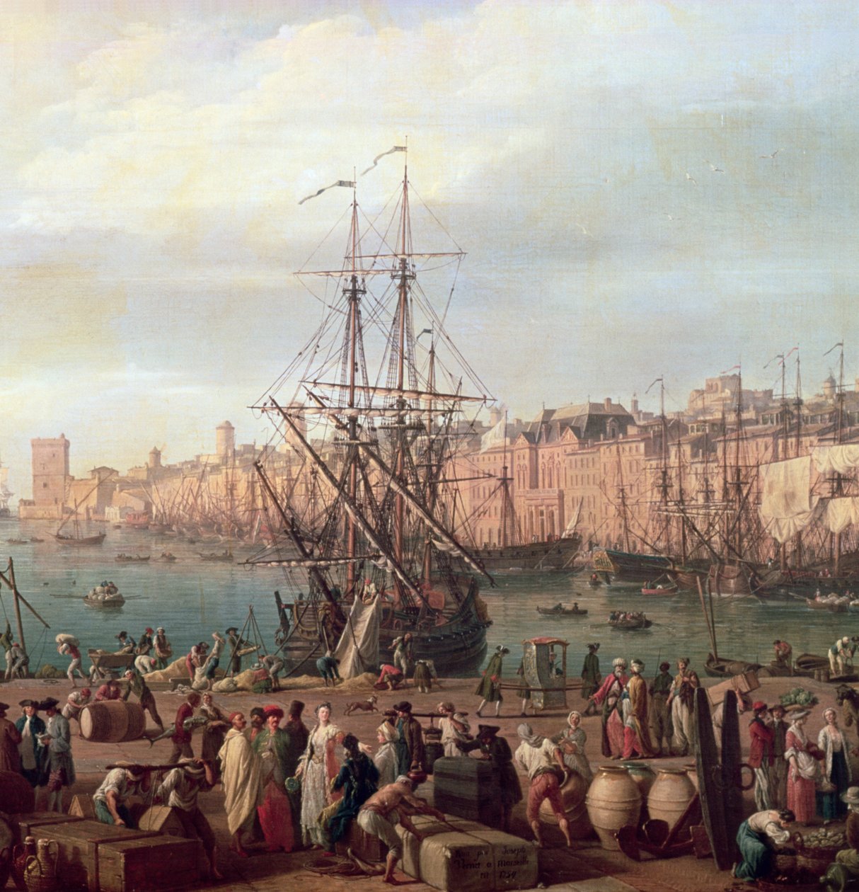 Morgenutsikt over den indre havnen i Marseille og paviljongen til Horloge du Parc, 1754 (detalj av 156103) av Claude Joseph Vernet