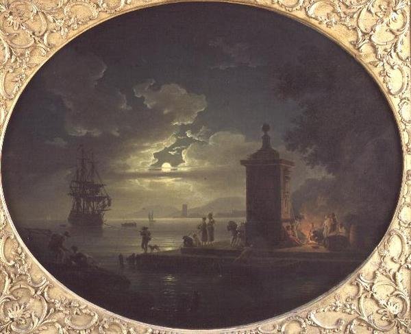 Natt: Et månebelyst kystlandskap med Fisherfolk ved en ild på en kai, en krigsmann bortenfor av Claude Joseph Vernet