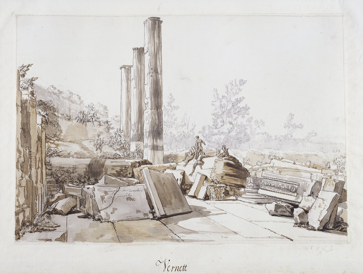 Ruinene av Temple of Serapis i Pozzuoli, 1750 (penn og blekk og vask over svart kritt på papir) av Claude Joseph Vernet