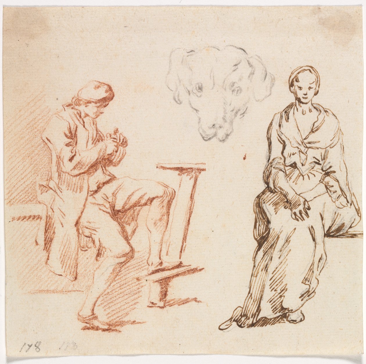 Studieark: Sittende mann, hode på en hund, sittende kvinne, 1700-tallet. av Claude Joseph Vernet