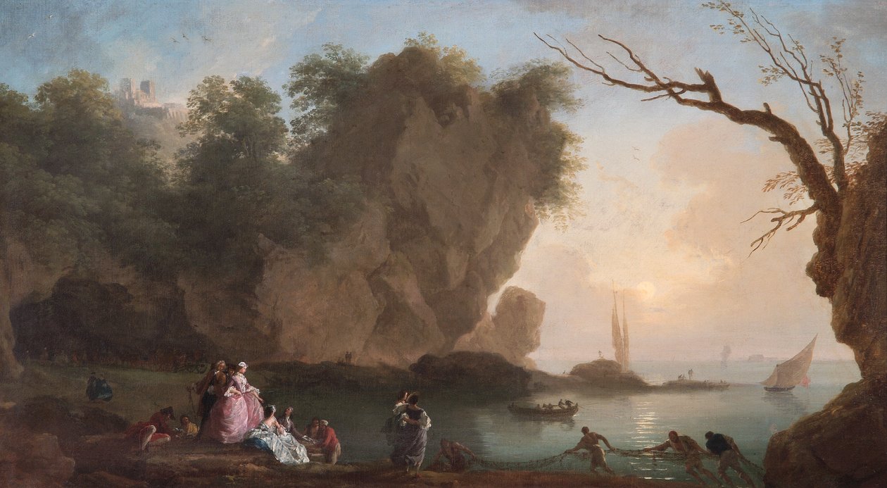 Solnedgang: Utsikt over en bukt med figurer av Claude Joseph Vernet