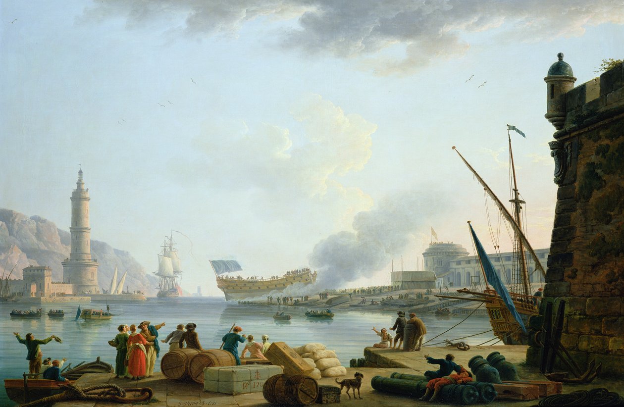 Lanseringen av krigsskipet ved munningen av en havn, 1781 av Claude Joseph Vernet