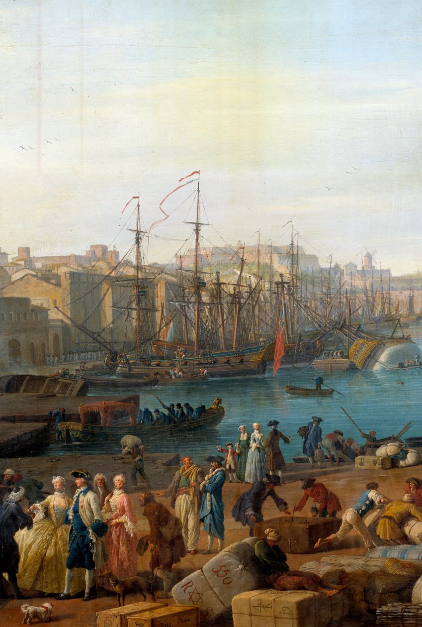 Havnen i Marseille på 1700-tallet Detalj som representerer lossing av varer. Maleri av Joseph Vernet (1714-1789) av Claude Joseph Vernet