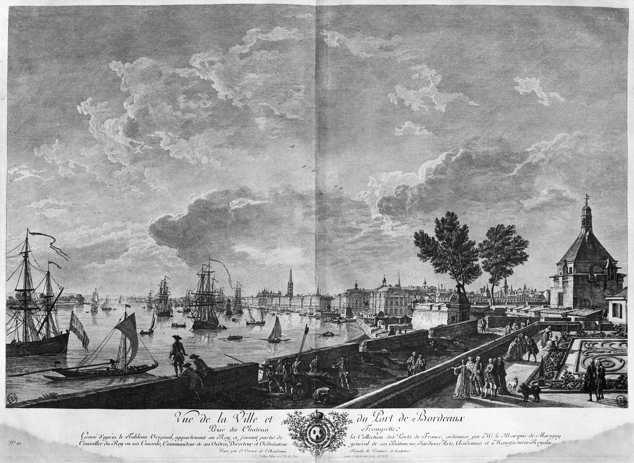 Utsikt over byen og havnen i Bordeaux sett fra Chateau Trompette, serie av "Les Ports de France", gravert av Charles Nicolas Cochin den yngre av Claude Joseph Vernet