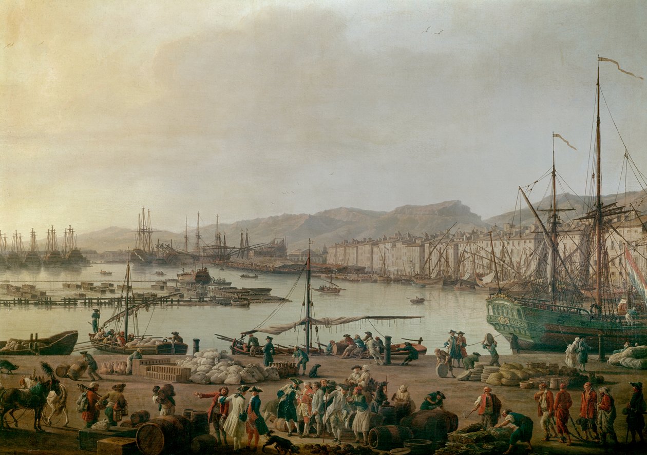 Utsikt over havnen i Toulon Detail, den gamle havnen, utsikt tatt fra kysten av butikkene. Maleri av Joseph Vernet (1714-1789) 1756. Paris, Musee de la Marine - Utsikt over havhavnen i Toulon. Detalj. Maleri av Joseph Vernet (1714-1789), olje på lerret av Claude Joseph Vernet