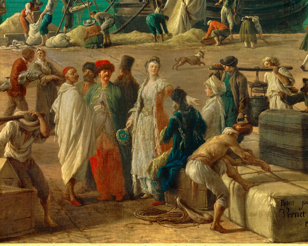 detalj av: Havnen i Marseille på 1700-tallet”” Detalj som representerer lossing av varer. Maleri av Joseph Vernet (1714-1789) Paris fra 1700-tallet. Marinemuseum av Claude Joseph Vernet