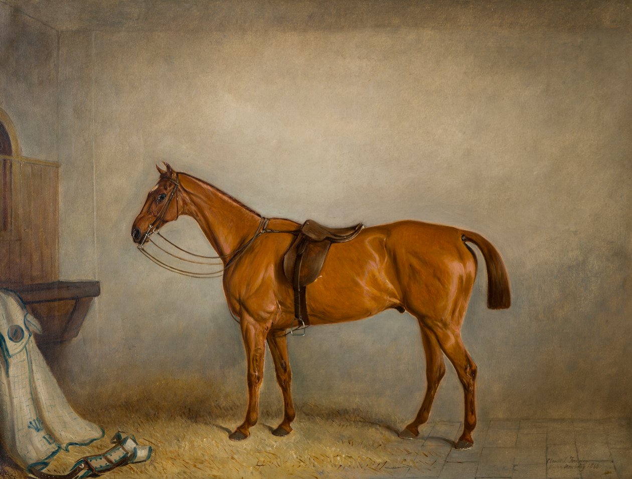 Hesteplaneten i en stall, ca. 1866 (olje på lerret) av Claude L. Ferneley