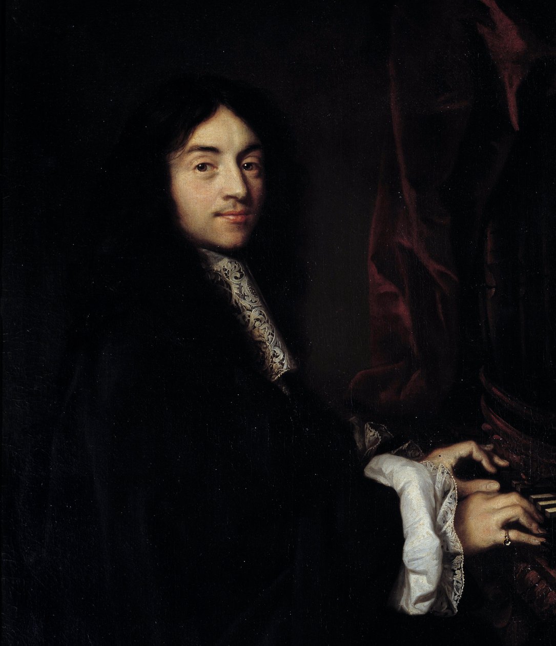 Detalj av "" Portrett av organisten Charles Couperin (1638-1679) med datteren til maleren"" Maleri av Claude Lefebvre (1632-1675) 1600-tallet Søn. 1,27x0,96 m av Claude Lefebvre