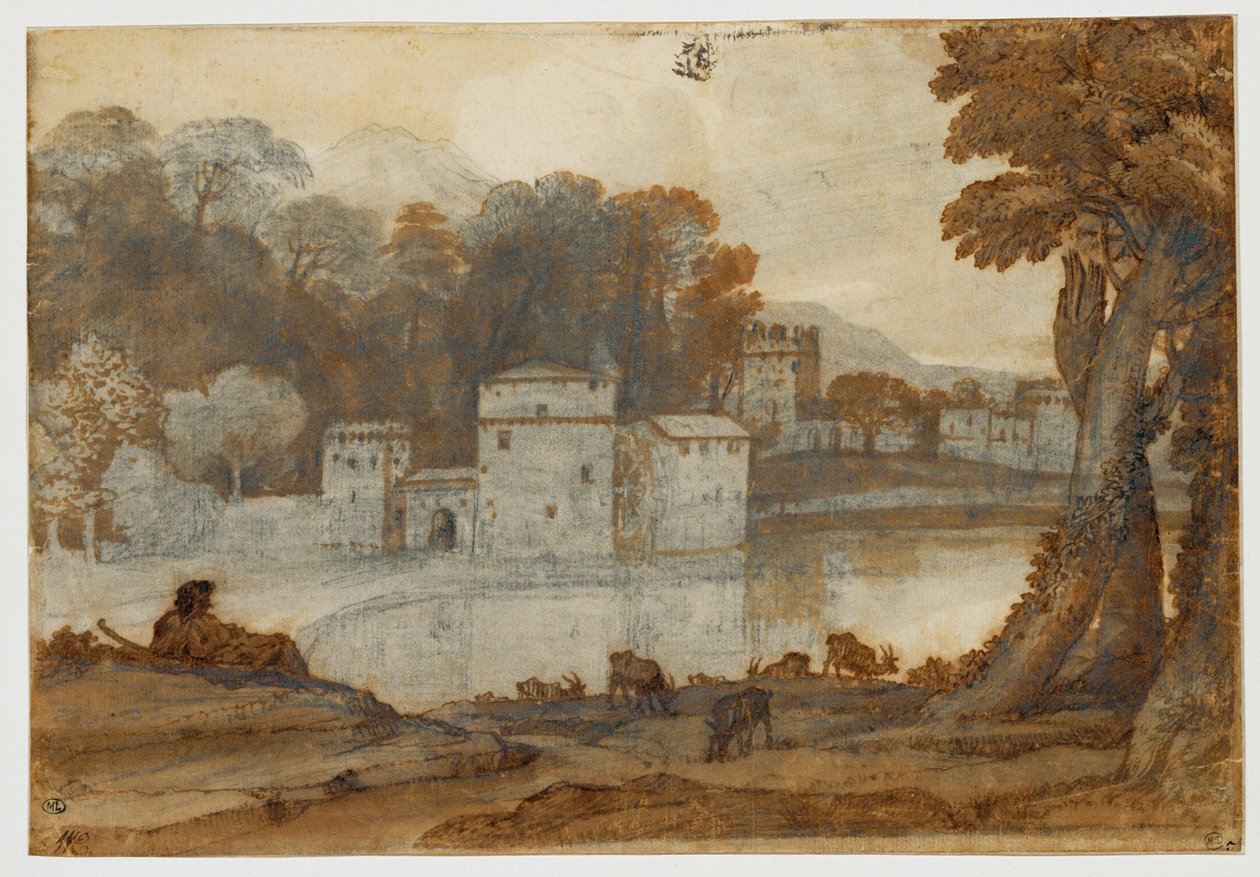 Gjeter ved bredden av en innsjø nær en befestet mølle... av Claude Lorrain (1600-82)