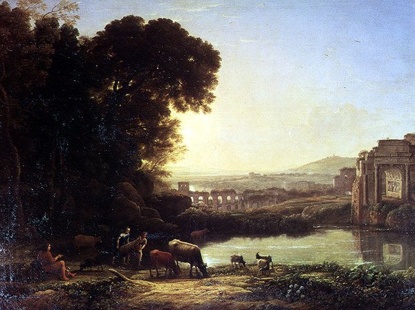 Storfe og geiter drikker ved en ruin av Claude Lorrain