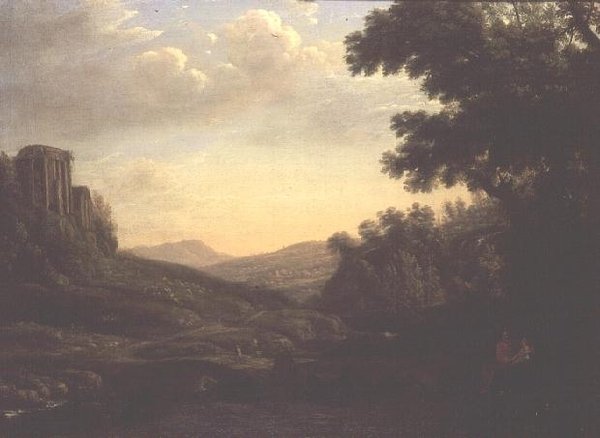 Omfattende skogkledd landskap med ødelagt tempel (olje på lerret) av Claude Lorrain
