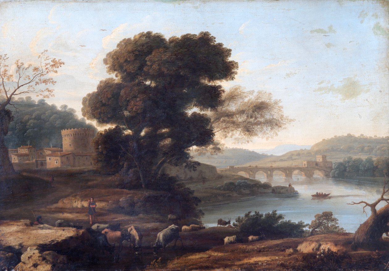 Pastoralt landskap med Ponte Molle, Roma (olje på lerret) av Claude Lorrain (1600 82)