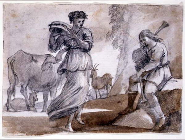 Rural Dance (svart og rødt kritt og vask på papir) av Claude Lorrain