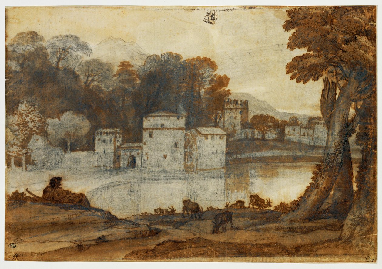 Gjeter ved en innsjø i nærheten av en befestet mølle ... av Claude Lorrain (1600-82)
