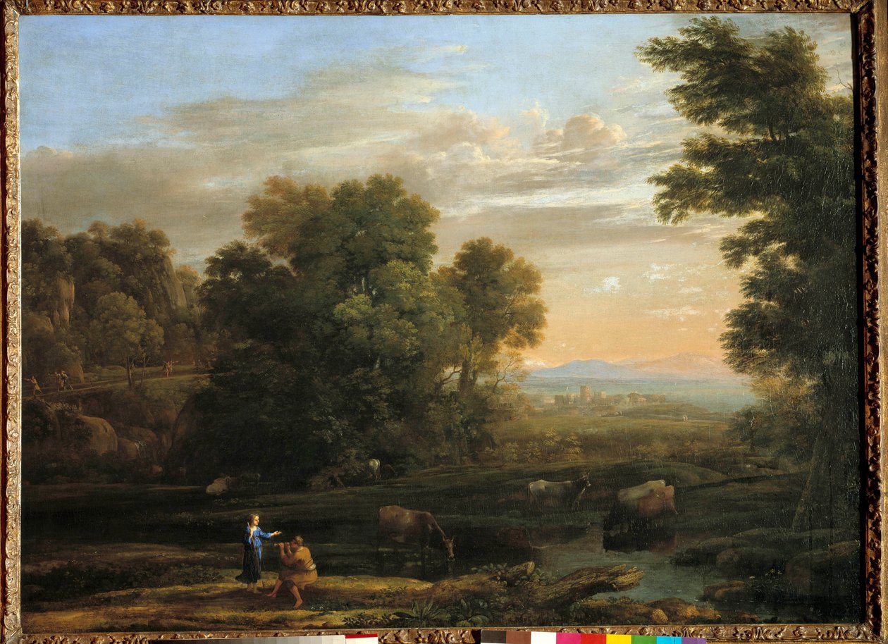 Landskap med gjeter som spiller den bukoliske Scene flageolet. Maleri av Claude Gellee kalt Lorrain (1600-1682) 1600-tallet. Privat samling av Claude Lorrain