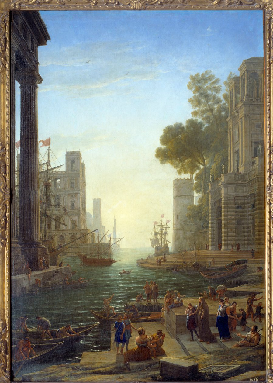 Landskap med båten til Saint Paula Romana ved Ostia. Saint Paula forlater barna sine for å reise til Det hellige land. Lerret, 211 x 145 cm - Boarding fra Sainte Paule til Ostia. St. Paule (347-404 eller 407), romersk enke, disippel av Saint Hieronymus. Ma av Claude Lorrain