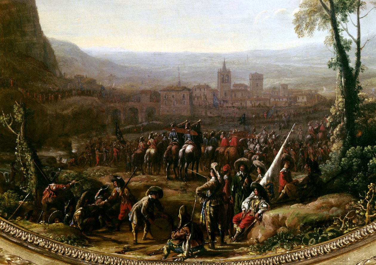 Ludvig XIII (1601-1643) tvang Pas de Susa nær Torino, forsvart av styrkene til hertugen av Savoy i 1629. Detalj. Maleri av Claude Gellee dit le Lorrain (1600-1682) Paris, Musee du Louvre av Claude Lorrain