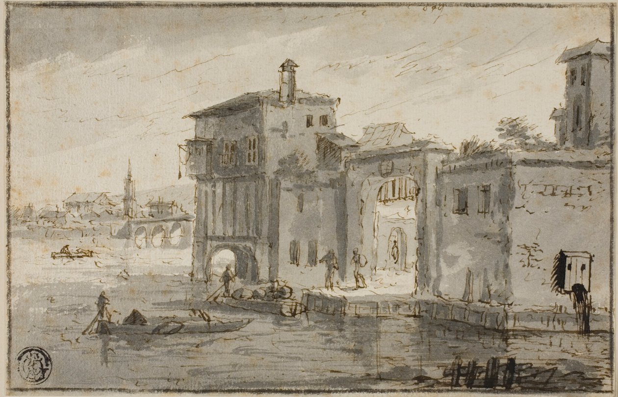 Bygninger ved siden av lagunen av Claude Lorrain