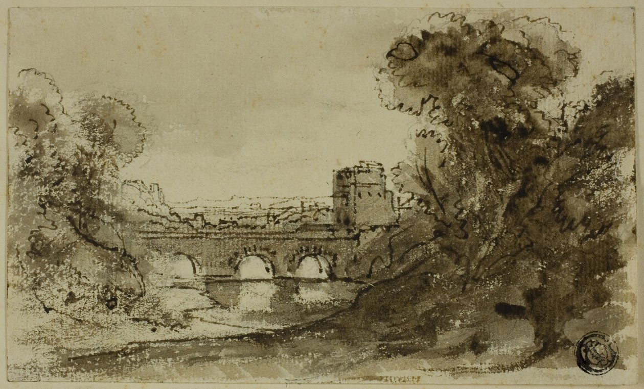 Italiensk elvelandskap med bro med tårn av Claude Lorrain
