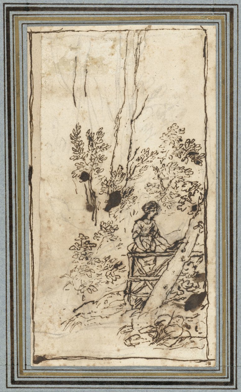 Ung kvinne som står ved et gjerde i en skog Studier av dyr fra Dyrealbumet. (serietittel) av Claude Lorrain