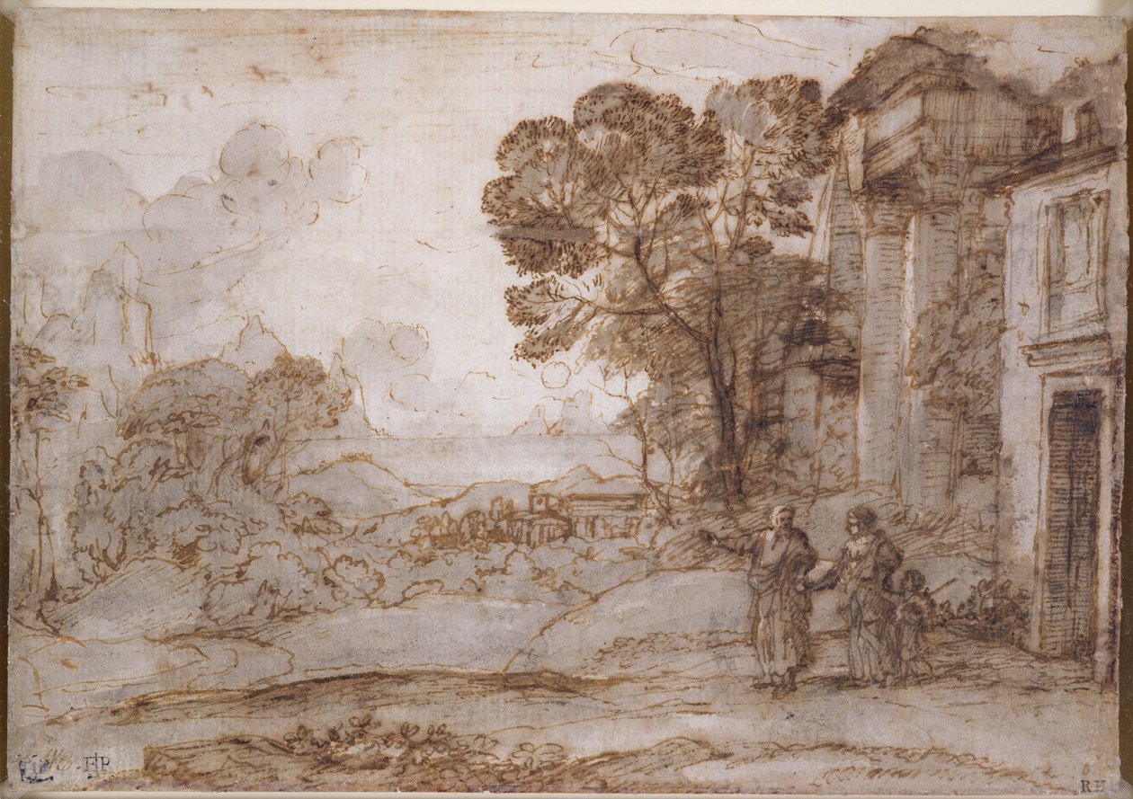 Landskap med Abraham som fordriver Hagar og Ismael, ca. 1665-67 (penn og blekk og vask over kritt på papir) av Claude Lorrain