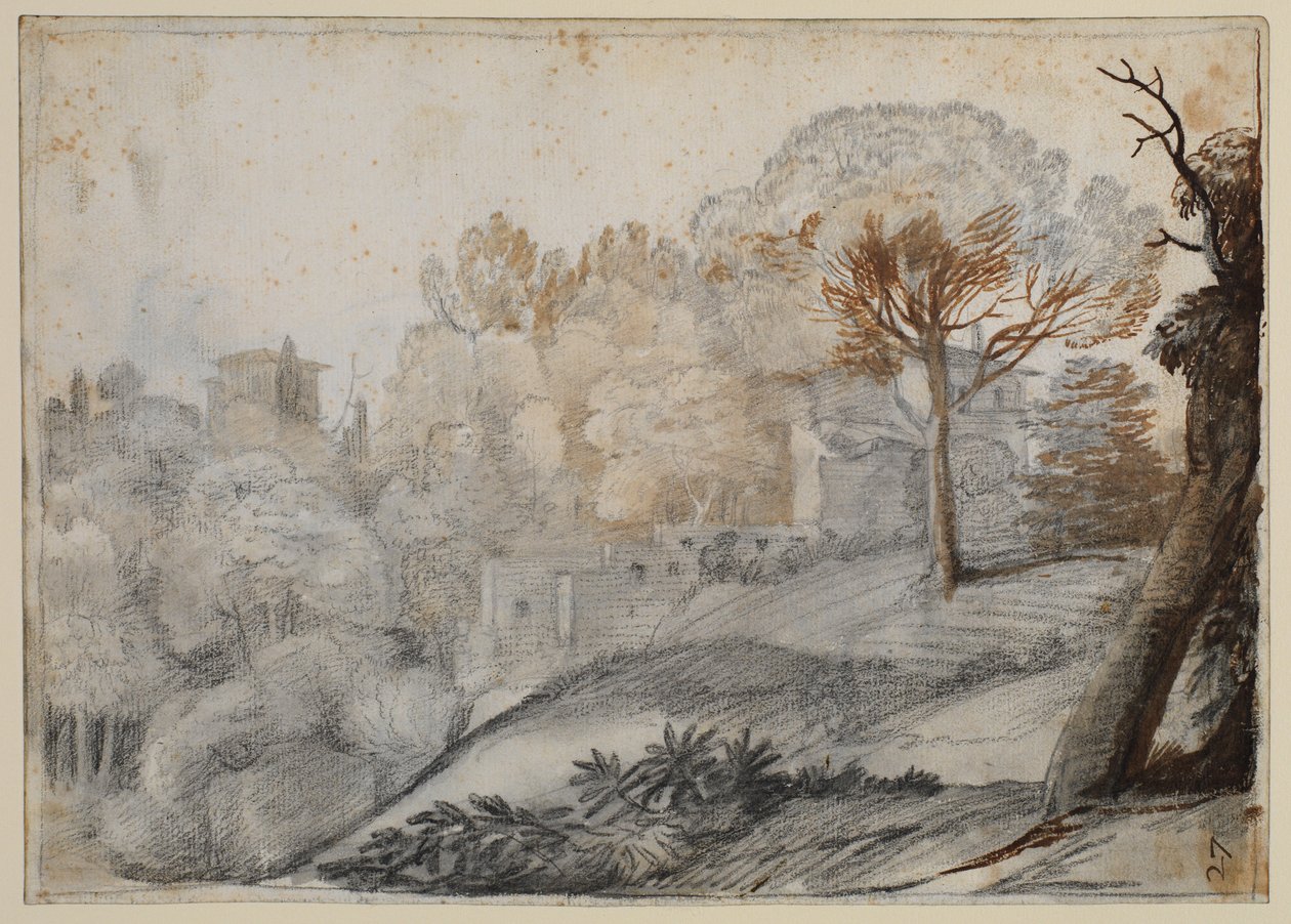 Landskap med trær og bygninger av Claude Lorrain