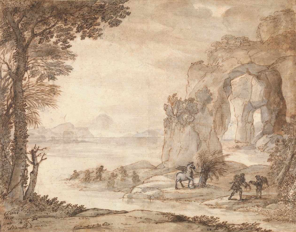 Perseus and the Origin of Coral, ca. 1671 (svart kritt, sepia og svart blekk, sepia og grå vask med hvitt) av Claude Lorrain