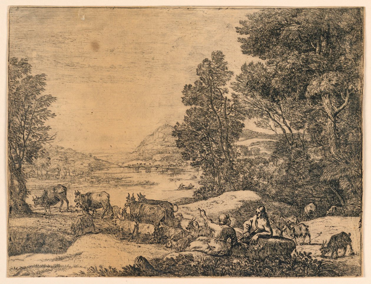 Hyrde og gjeterinne samtaler i et landskap av Claude Lorrain