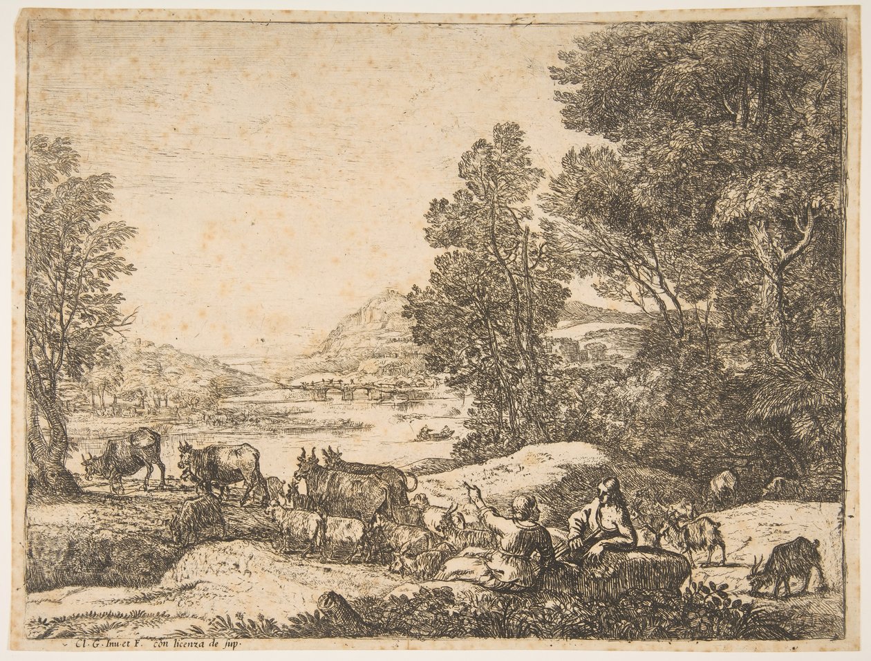 Hyrde og gjeterinne samtaler i et landskap, ca. 1651. av Claude Lorrain