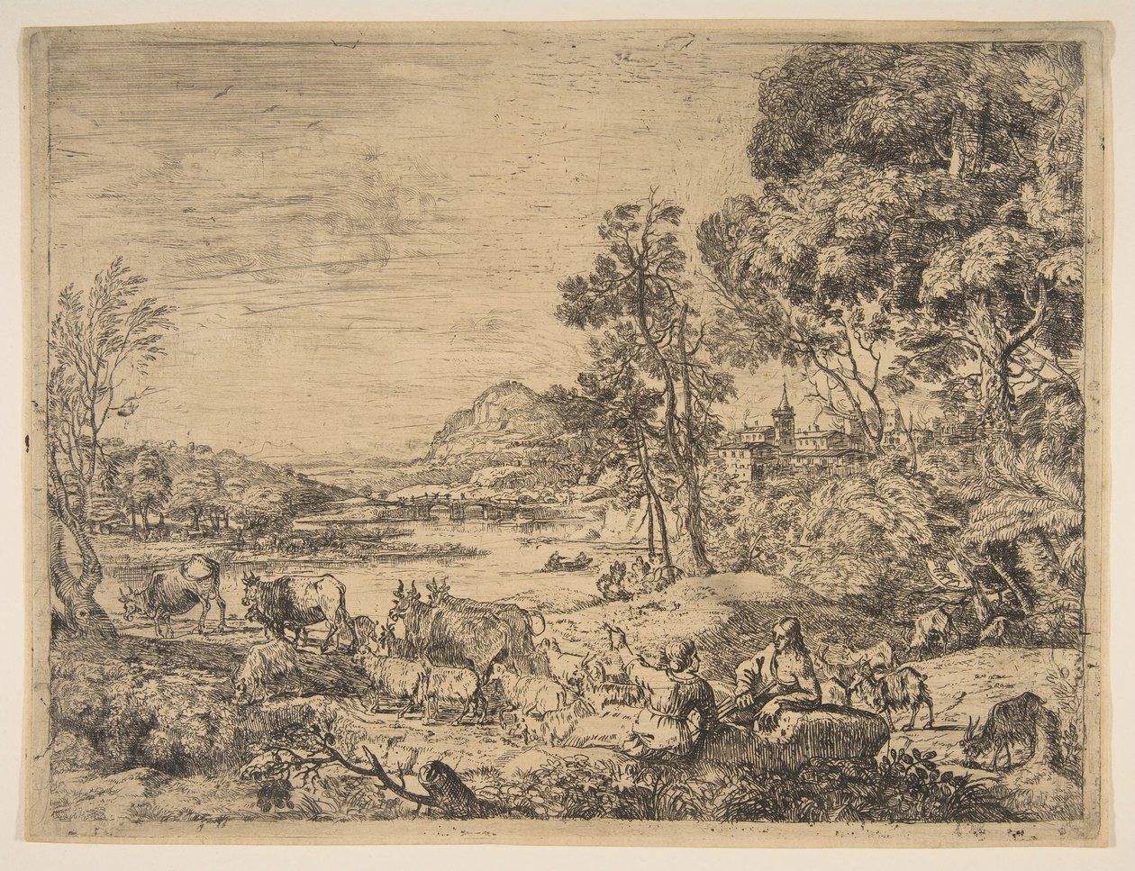 Hyrde og gjeterinne samtaler i et landskap, ca. 1651. av Claude Lorrain