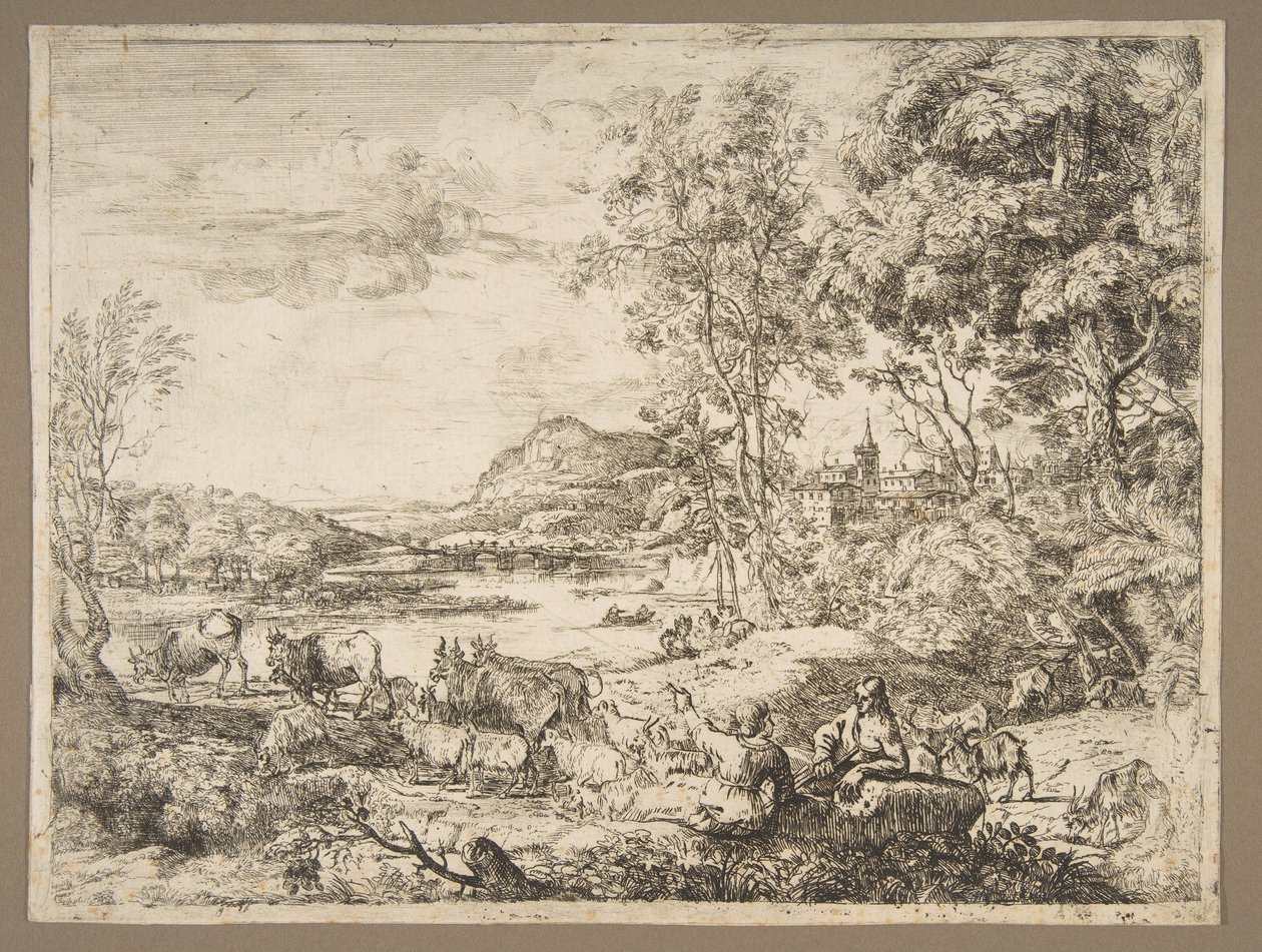Hyrde og gjeterinne samtaler i et landskap, ca. 1651. av Claude Lorrain