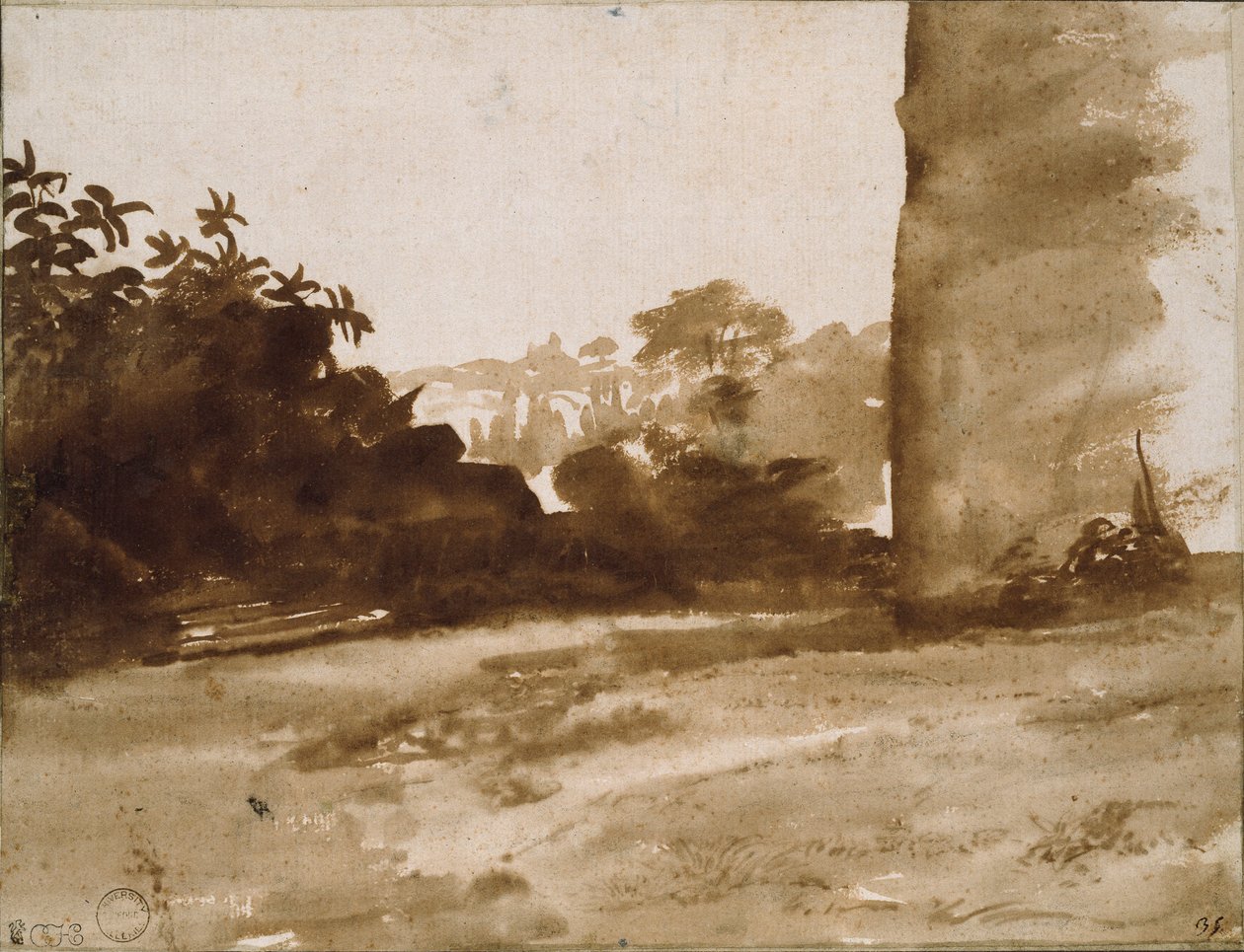Utsikt over buskas med en vegg til høyre, c1640 av Claude Lorrain