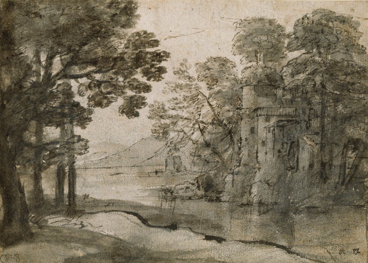 Vannmølle blant trær, c1635-1638 av Claude Lorrain