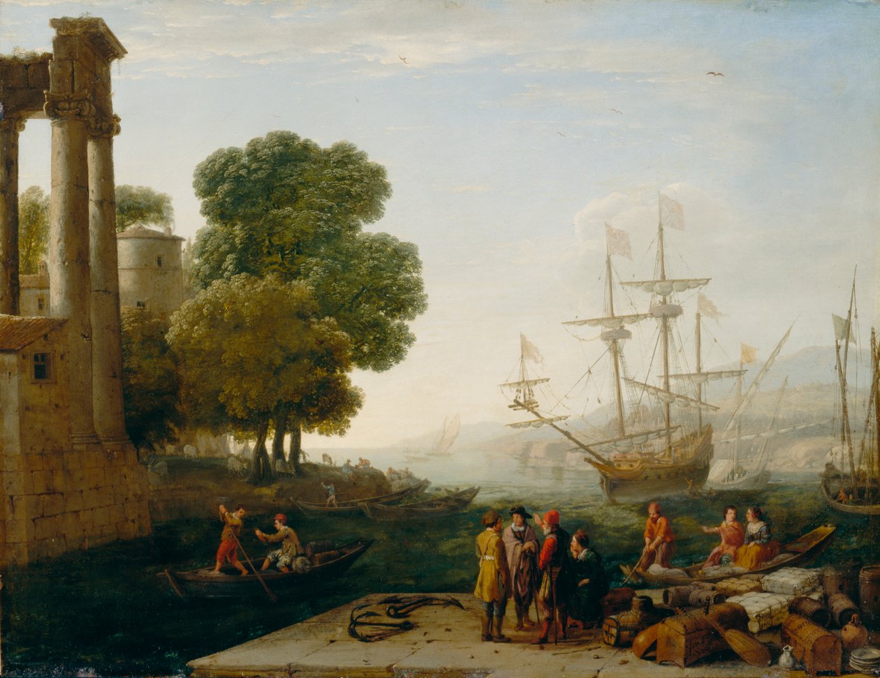 En havn ved solnedgang, 1643 (olje på kobberpanel) av Claude Lorrain