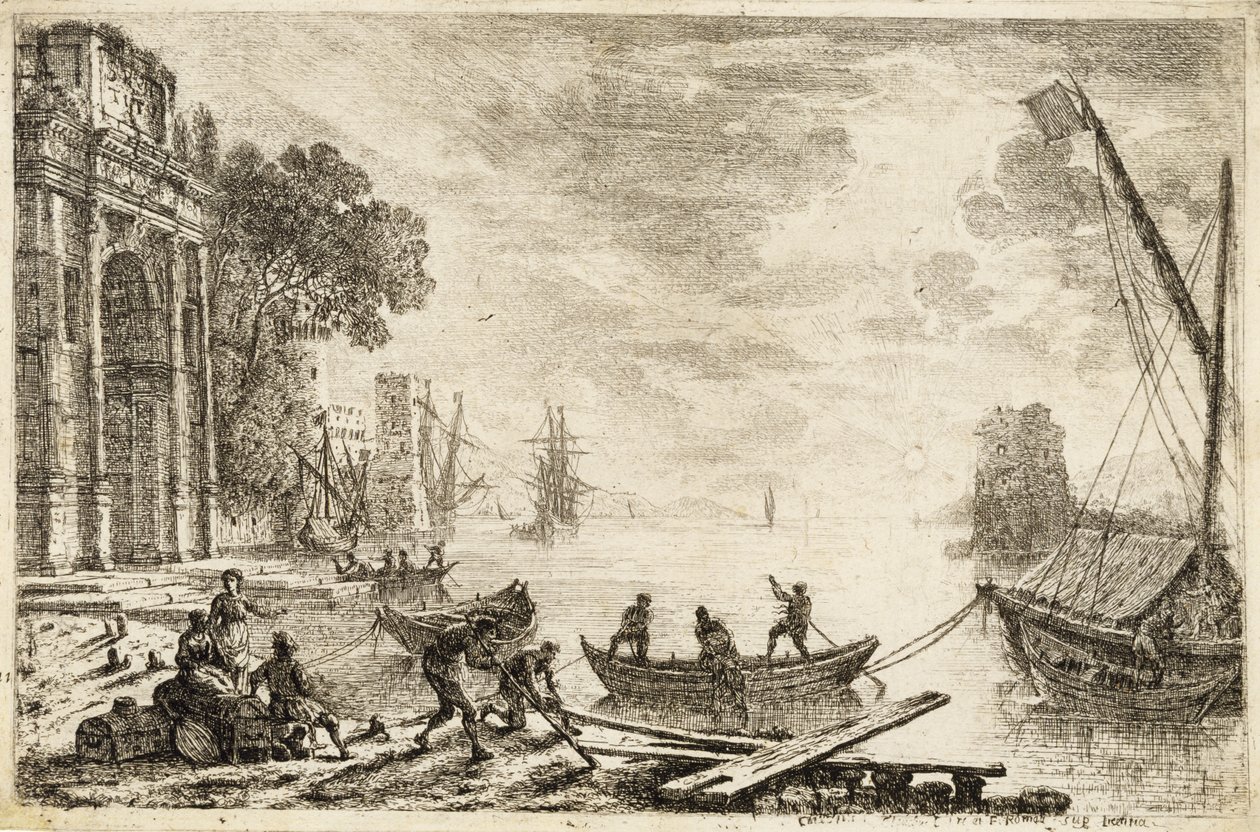 Havnescene med stigende sol, 1634 av Claude Lorrain