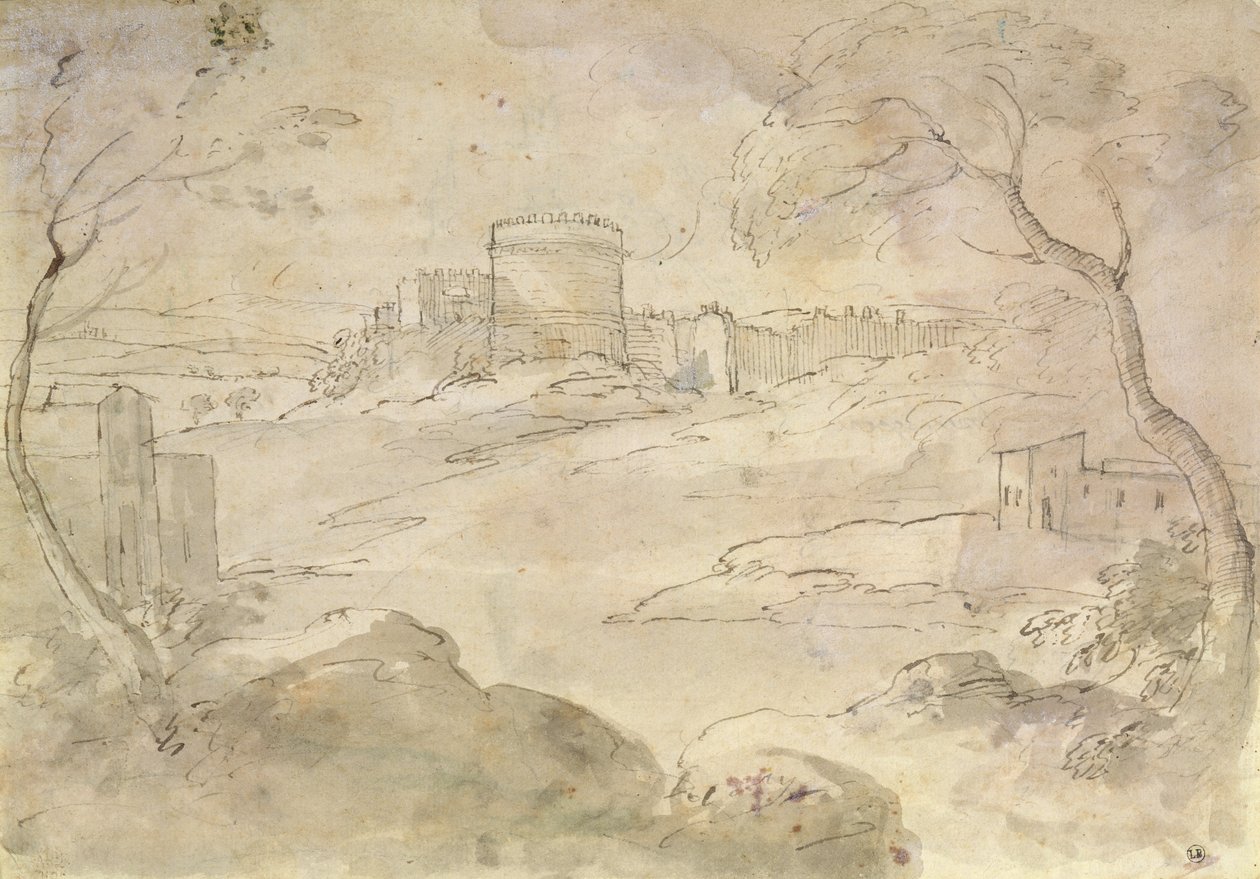 Landskap med en befestet by (blekk og vask på papir) av Claude Lorrain