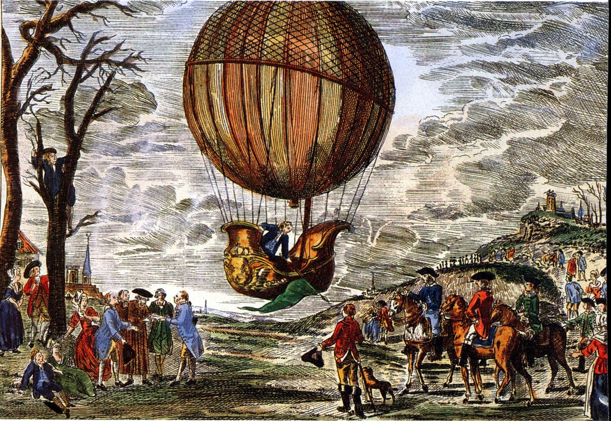 Flyvning av en luftballong under utseende av hertugen av Chartres i 1783, gravering av Claude Louis (after) Desrais