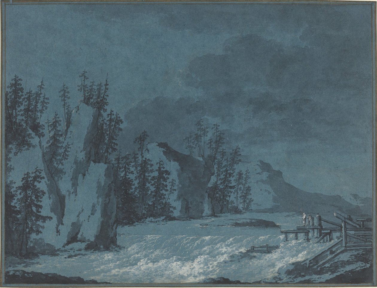 River Rapids ved Wooded Cliffs av Claude Louis Chatelet