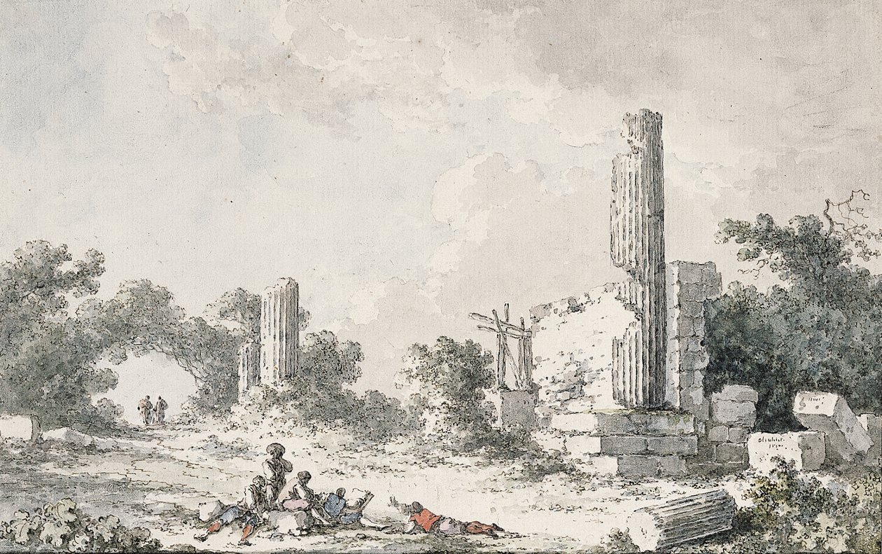 Ruinene av Temple of Castor og Pollux, Agrigento, med kunstnere som skisserer av Claude Louis Chatelet