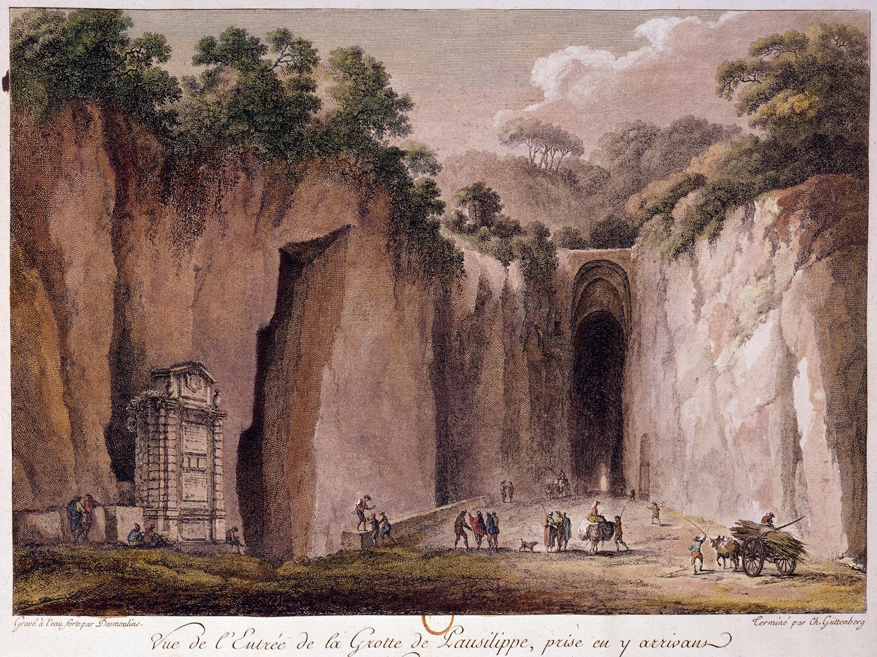 Utsikt over hulen Pausilippe (Posillipo) (eller "Grotta Vecchia"), nær Napoli. tegning av Chatelet av Claude Louis Chatelet